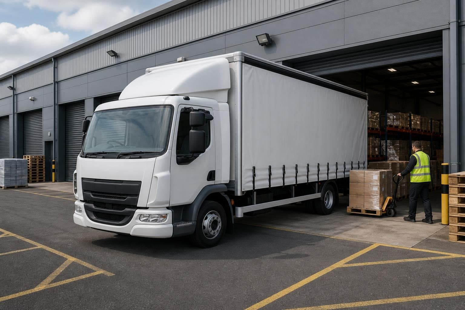 Rigid box truck at a warehouse loading bay on a British industrial estate