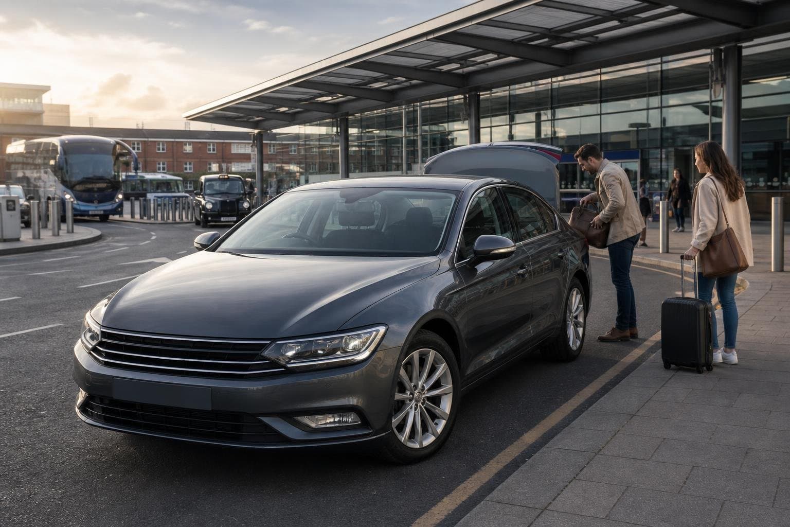 Mid-size hire car collecting passengers and luggage outside a British station