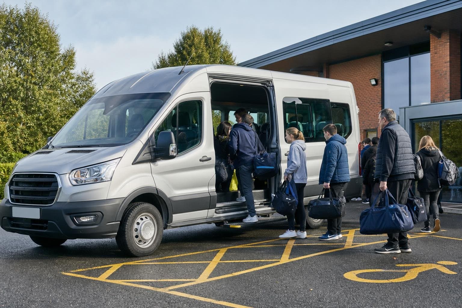 Self-drive minibus with a group boarding outside a sports and event venue