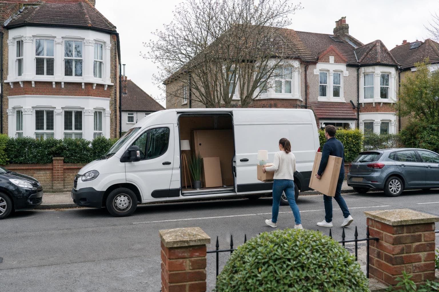 Long-wheelbase van parked on a suburban street for a house move in Welwyn Garden City