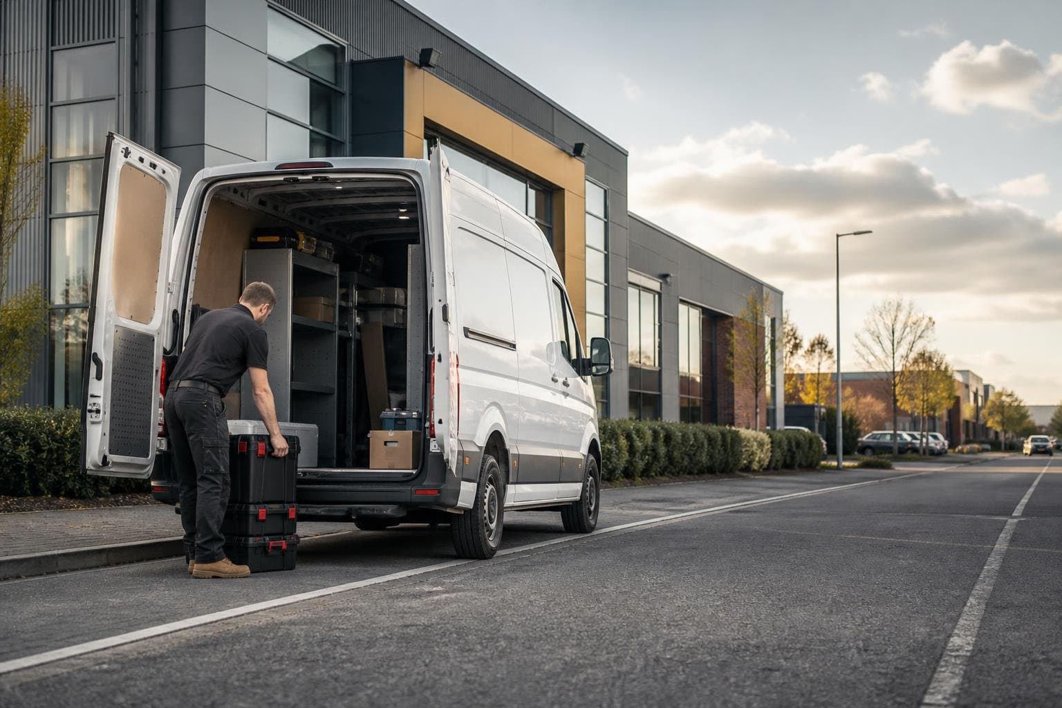 Modern hire van at a business park service bay for trade work in Hatfield